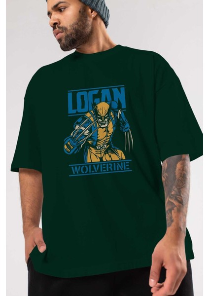 Wolverine Logan Ön Baskılı Zümrüt Yeşili Oversize T-Shirt Bisiklet Yaka Pamuk Erkek Kadın modelleri