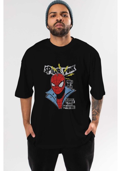 Spiderman (18) Ön Baskılı Siyah Oversize T-Shirt Bisiklet Yaka Erkek Kadın