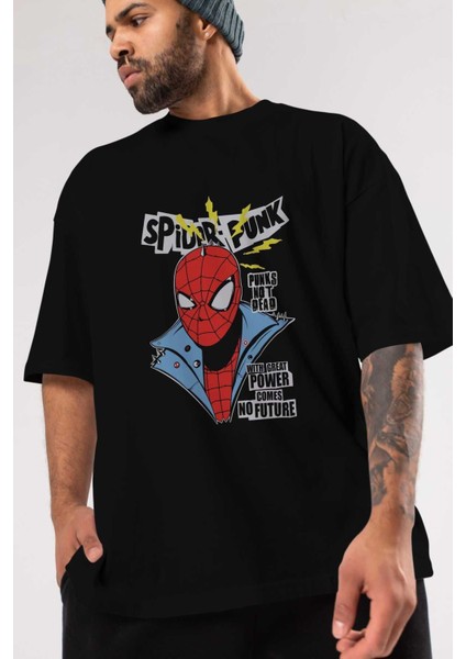 Spiderman (18) Ön Baskılı Siyah Oversize T-Shirt Bisiklet Yaka Erkek Kadın modelleri