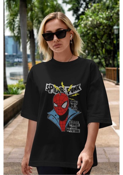 Spiderman (18) Ön Baskılı Siyah Oversize T-Shirt Bisiklet Yaka Erkek Kadın indirimleri