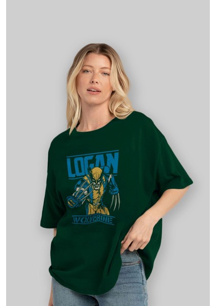 Wolverine Logan Ön Baskılı Zümrüt Yeşili Oversize T-Shirt Bisiklet Yaka Pamuk Erkek Kadın