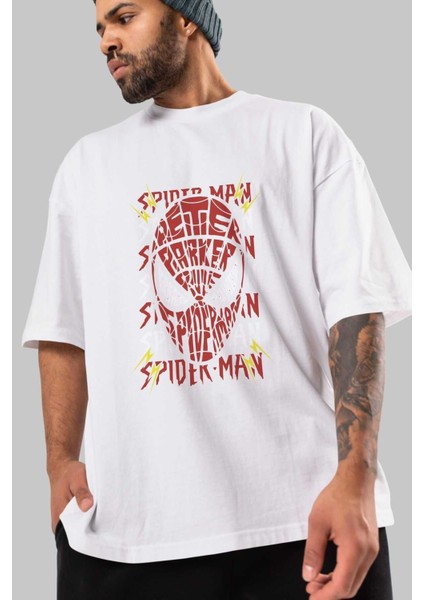 Spiderman (12) Ön Baskılı Beyaz Oversize T-Shirt Bisiklet Yaka Erkek Kadın modelleri