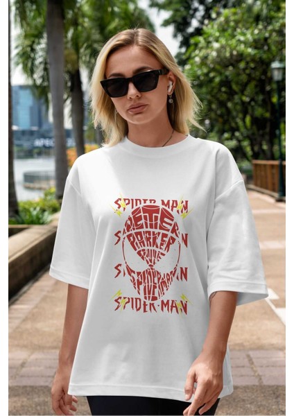 Spiderman (12) Ön Baskılı Beyaz Oversize T-Shirt Bisiklet Yaka Erkek Kadın indirimleri