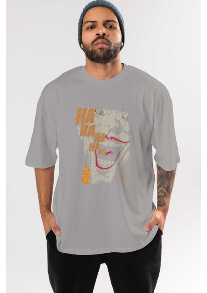 Joker (7) Ön Baskılı Gri Oversize T-Shirt Bisiklet Yaka Pamuk Erkek Kadın