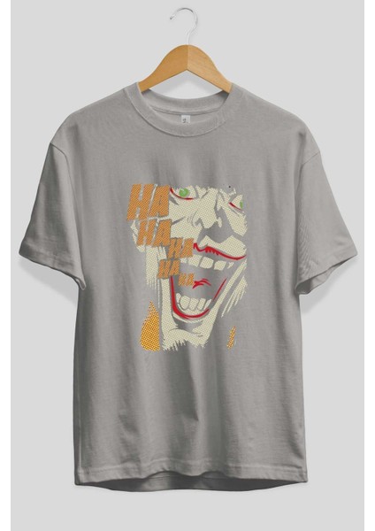 Joker (7) Ön Baskılı Gri Oversize T-Shirt Bisiklet Yaka Pamuk Erkek Kadın fiyatları