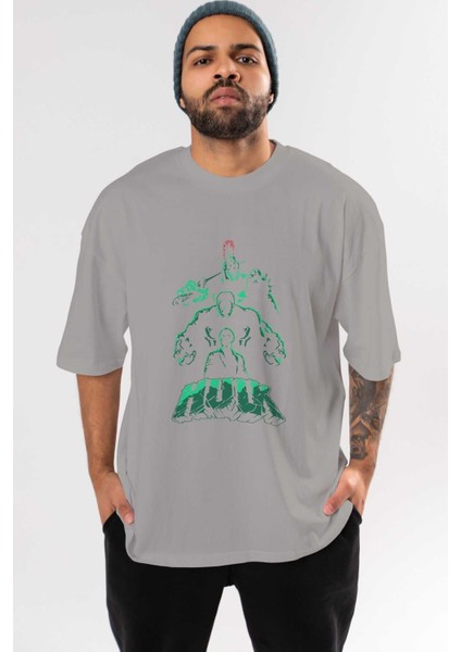 Hulk (11) Ön Baskılı Gri Oversize T-Shirt Bisiklet Yaka Pamuk Erkek Kadın