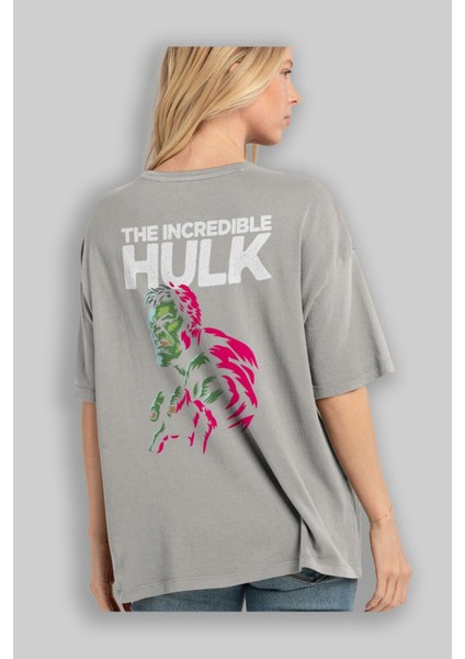 Hulk (10) Arka Baskılı Gri Oversize T-Shirt Bisiklet Yaka Pamuk Erkek Kadın modelleri