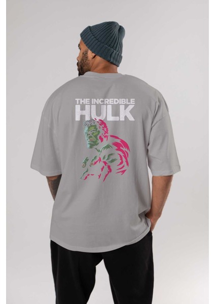 Hulk (10) Arka Baskılı Gri Oversize T-Shirt Bisiklet Yaka Pamuk Erkek Kadın fırsatları