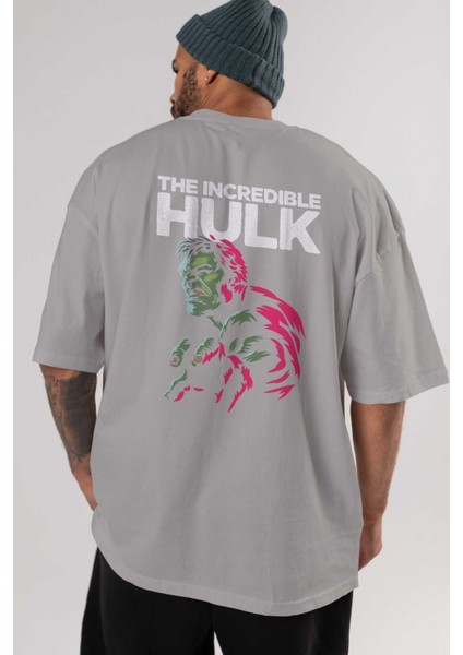 Hulk (10) Arka Baskılı Gri Oversize T-Shirt Bisiklet Yaka Pamuk Erkek Kadın indirimleri