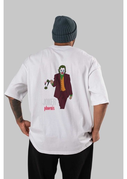 Joker (11) Arka Baskılı Beyaz Oversize T-Shirt Bisiklet Yaka Pamuk Erkek Kadın