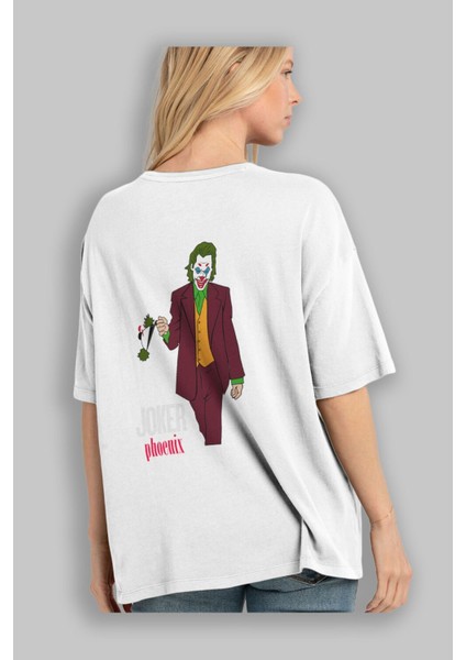 Joker (11) Arka Baskılı Beyaz Oversize T-Shirt Bisiklet Yaka Pamuk Erkek Kadın modelleri