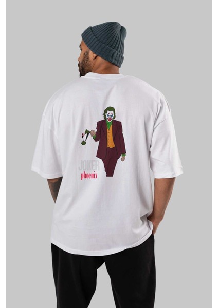 Joker (11) Arka Baskılı Beyaz Oversize T-Shirt Bisiklet Yaka Pamuk Erkek Kadın fırsatları