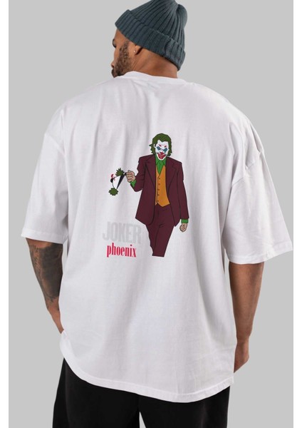 Joker (11) Arka Baskılı Beyaz Oversize T-Shirt Bisiklet Yaka Pamuk Erkek Kadın indirimleri