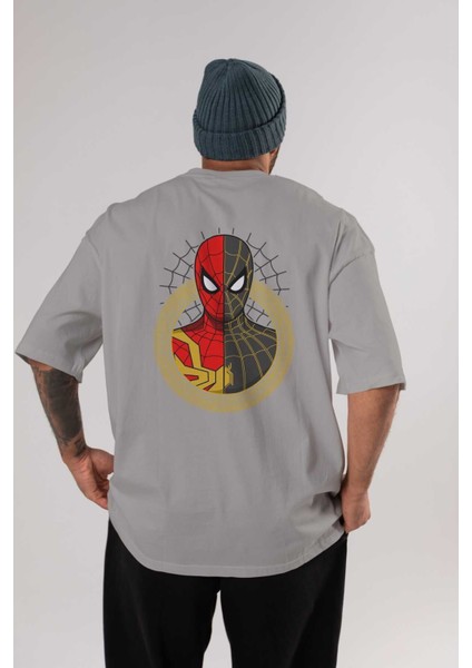 Spiderman (28) Arka Baskılı Gri Oversize T-Shirt Bisiklet Yaka Pamuk Erkek Kadın