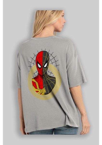 Spiderman (28) Arka Baskılı Gri Oversize T-Shirt Bisiklet Yaka Pamuk Erkek Kadın modelleri