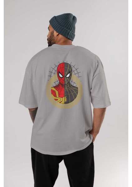 Spiderman (28) Arka Baskılı Gri Oversize T-Shirt Bisiklet Yaka Pamuk Erkek Kadın fırsatları