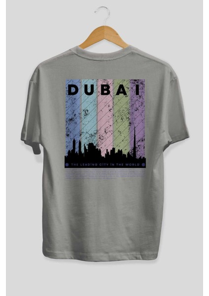Dubai Yazılı Arka Baskılı Gri Oversize T-Shirt Unisex Erkek Kadın Bisiklet Yaka fiyatları
