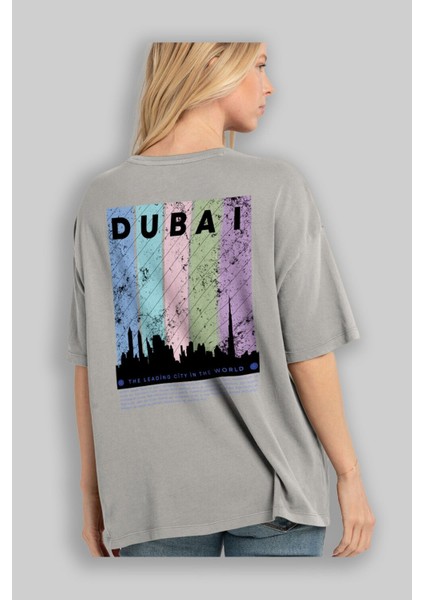 Dubai Yazılı Arka Baskılı Gri Oversize T-Shirt Unisex Erkek Kadın Bisiklet Yaka modelleri
