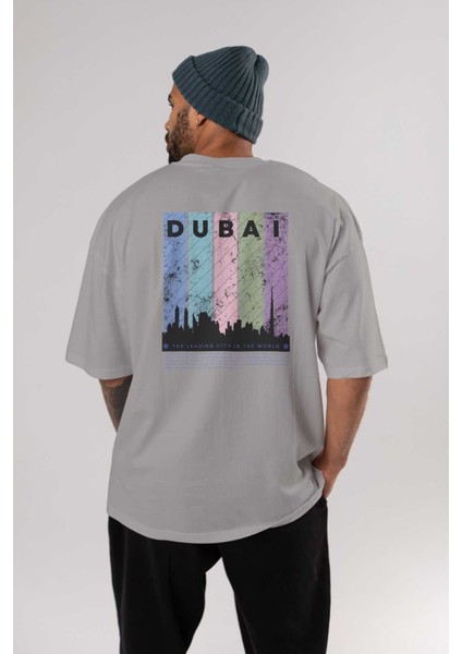 Dubai Yazılı Arka Baskılı Gri Oversize T-Shirt Unisex Erkek Kadın Bisiklet Yaka fırsatları