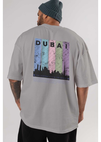 Dubai Yazılı Arka Baskılı Gri Oversize T-Shirt Unisex Erkek Kadın Bisiklet Yaka indirimleri