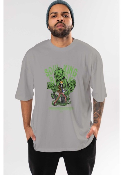 Soul King Brook Anime Ön Baskılı Gri Oversize T-Shirt %100 Pamuk Erkek Kadın