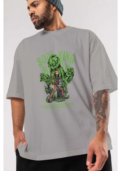 Soul King Brook Anime Ön Baskılı Gri Oversize T-Shirt %100 Pamuk Erkek Kadın modelleri