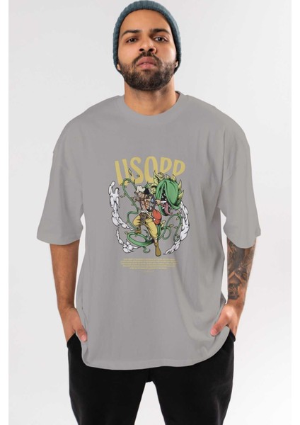 Usopp Anime Ön Baskılı Gri Oversize T-Shirt %100 Pamuk Erkek Kadın