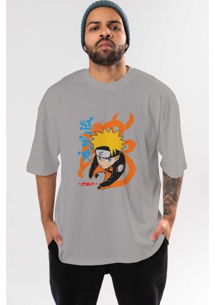 Naruto Uzumaki 1 Anime Ön Baskılı Gri Oversize T-Shirt %100 Pamuk Erkek Kadın