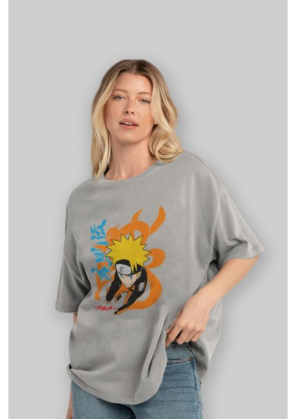 Naruto Uzumaki 1 Anime Ön Baskılı Gri Oversize T-Shirt %100 Pamuk Erkek Kadın fırsatları