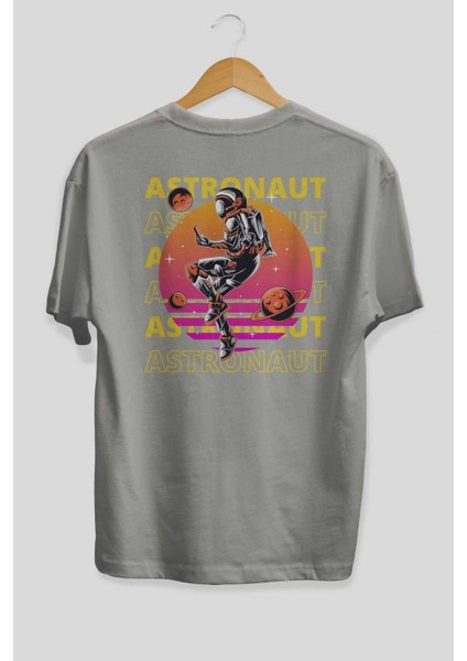 Astronaut Streetwear 2 Arka Baskılı Gri Oversize T-Shirt Unisex Erkek Kadın Bisiklet Yaka fiyatları