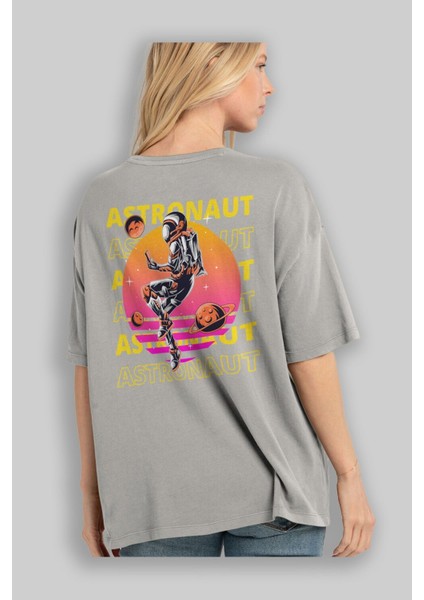 Astronaut Streetwear 2 Arka Baskılı Gri Oversize T-Shirt Unisex Erkek Kadın Bisiklet Yaka modelleri