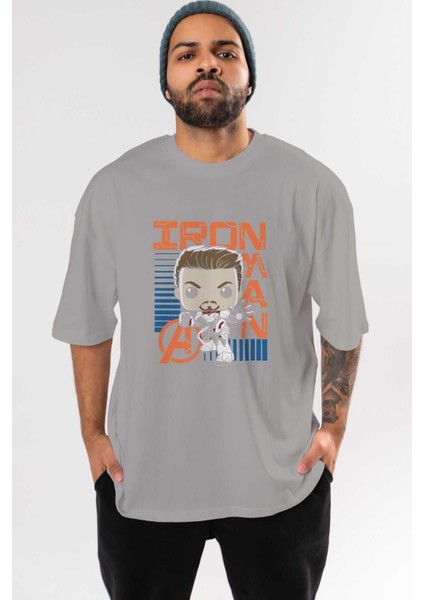 Iron Man (4) Ön Baskılı Gri Oversize T-Shirt Bisiklet Yaka Pamuk Erkek Kadın