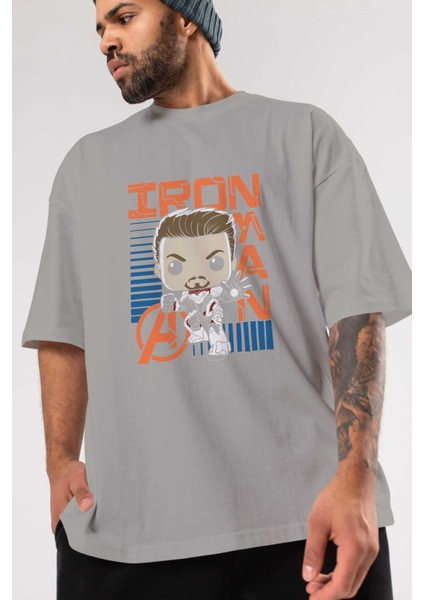 Iron Man (4) Ön Baskılı Gri Oversize T-Shirt Bisiklet Yaka Pamuk Erkek Kadın