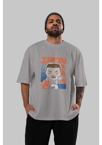 Iron Man (4) Ön Baskılı Gri Oversize T-Shirt Bisiklet Yaka Pamuk Erkek Kadın