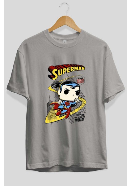 Superman (2) Ön Baskılı Gri Oversize T-Shirt Bisiklet Yaka Pamuk Erkek Kadın fiyatları