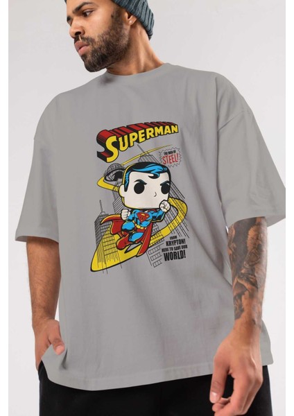 Superman (2) Ön Baskılı Gri Oversize T-Shirt Bisiklet Yaka Pamuk Erkek Kadın modelleri