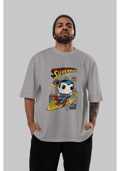Superman (2) Ön Baskılı Gri Oversize T-Shirt Bisiklet Yaka Pamuk Erkek Kadın indirimleri