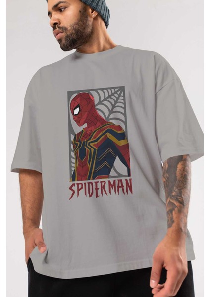Spiderman (8) Ön Baskılı Gri Oversize T-Shirt Bisiklet Yaka Pamuk Erkek Kadın