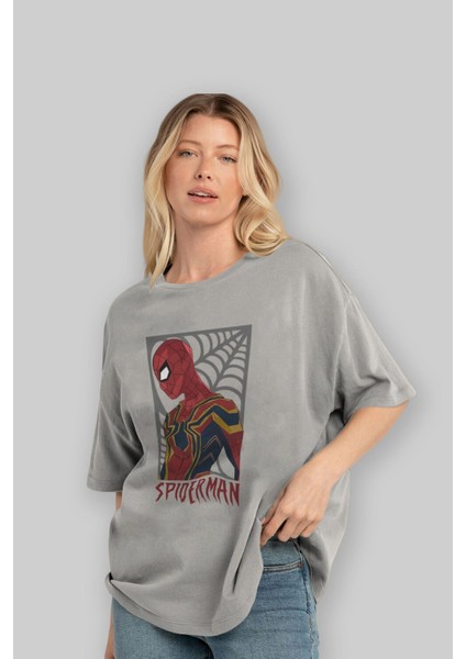 Spiderman (8) Ön Baskılı Gri Oversize T-Shirt Bisiklet Yaka Pamuk Erkek Kadın