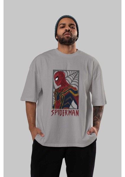 Spiderman (8) Ön Baskılı Gri Oversize T-Shirt Bisiklet Yaka Pamuk Erkek Kadın