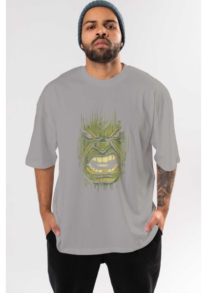 Hulk (3) Ön Baskılı Gri Oversize T-Shirt Bisiklet Yaka Pamuk Erkek Kadın