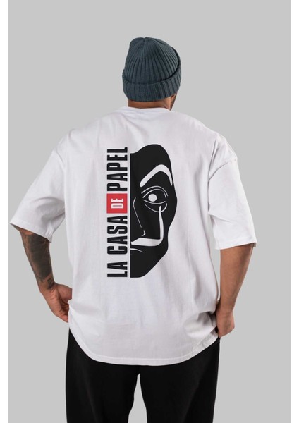 La Casa De Papel (3) Arka Baskılı Beyaz Oversize T-Shirt Bisiklet Yaka Pamuk Erkek Kadın