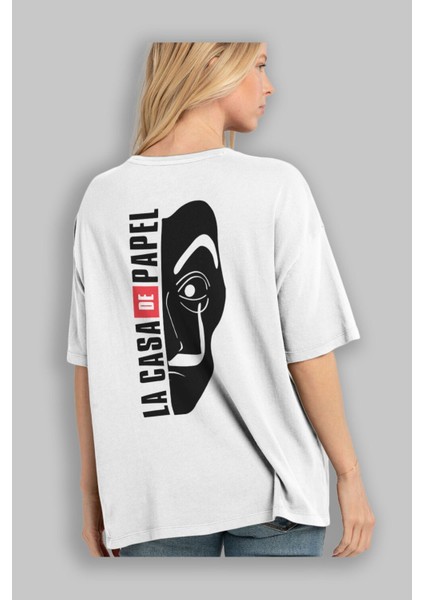 La Casa De Papel (3) Arka Baskılı Beyaz Oversize T-Shirt Bisiklet Yaka Pamuk Erkek Kadın modelleri