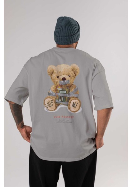 Teddy Bear Help Me Arka Baskılı Gri Oversize T-Shirt Unisex Erkek Kadın Bisiklet Yaka
