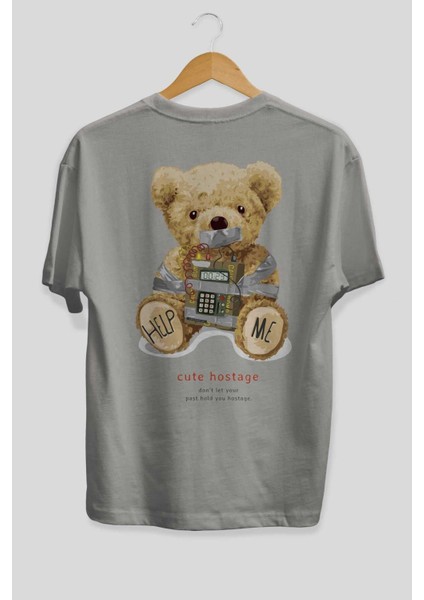Teddy Bear Help Me Arka Baskılı Gri Oversize T-Shirt Unisex Erkek Kadın Bisiklet Yaka fiyatları