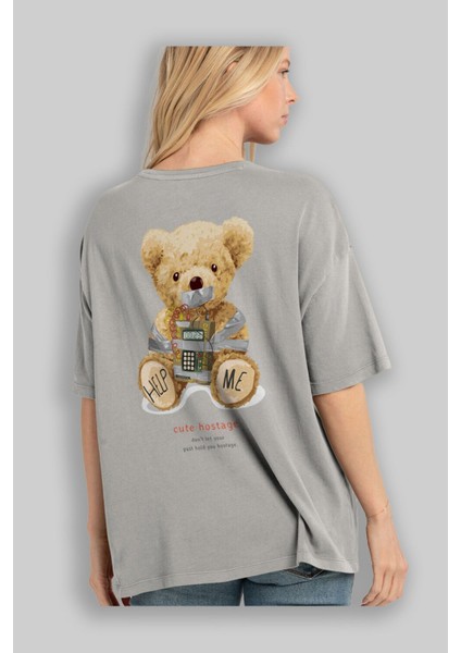 Teddy Bear Help Me Arka Baskılı Gri Oversize T-Shirt Unisex Erkek Kadın Bisiklet Yaka modelleri