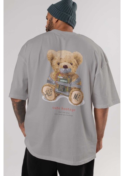 Teddy Bear Help Me Arka Baskılı Gri Oversize T-Shirt Unisex Erkek Kadın Bisiklet Yaka indirimleri