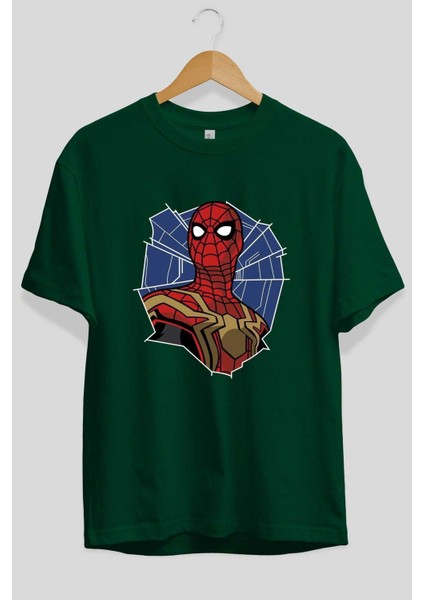 Spiderman (29) Ön Baskılı Zümrüt Yeşili Oversize T-Shirt Bisiklet Yaka Pamuk Erkek Kadın