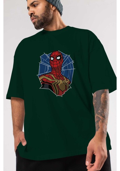 Spiderman (29) Ön Baskılı Zümrüt Yeşili Oversize T-Shirt Bisiklet Yaka Pamuk Erkek Kadın