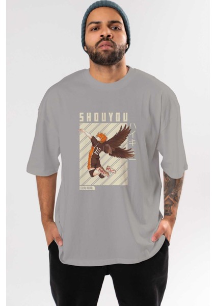Shouyou Hinata 3 Anime Ön Baskılı Gri Oversize T-Shirt %100 Pamuk Erkek Kadın